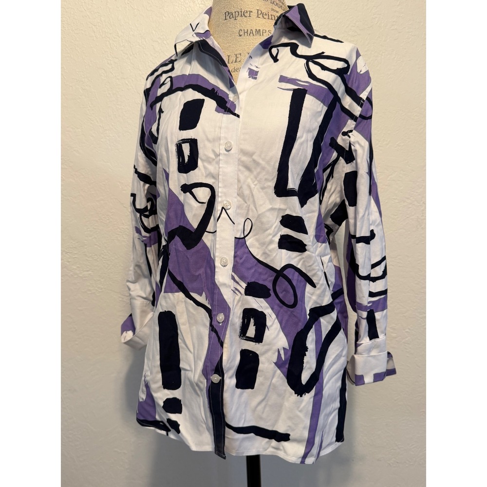 Chicos Abstract Brushstroke Print Button Down Shirt Purple White Black Size 3 16